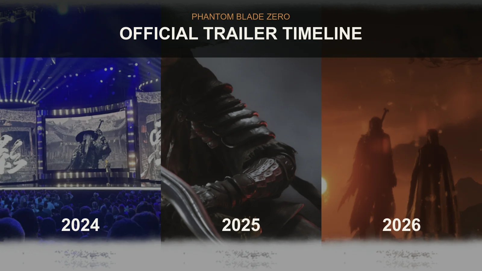 Official Phantom Blade Zero trailer timeline showing 2024, 2025, and 2026 milestones