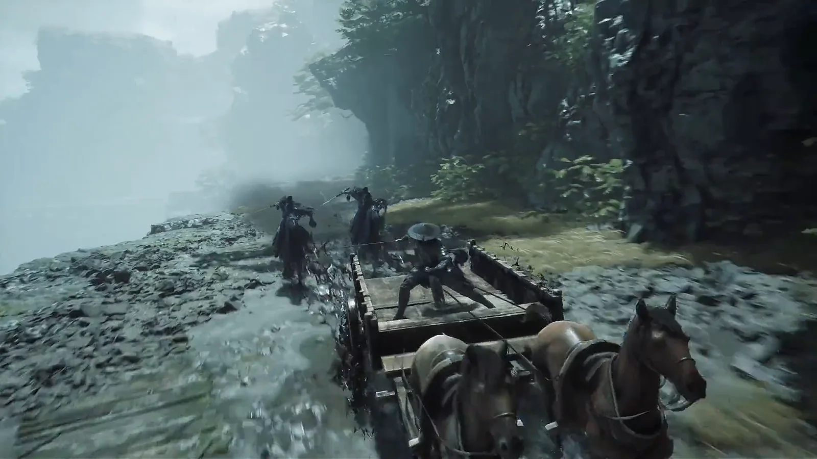 Soul rides a moving cart along a misty mountain path in official Phantom Blade Zero footage