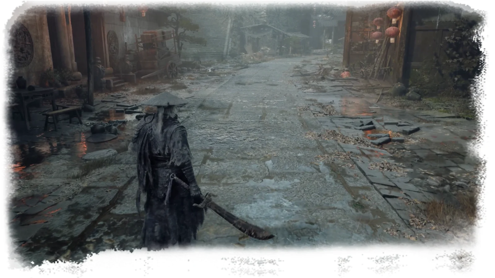 Soul walks down a rain-worn Pangzhen Township street in official Phantom Blade Zero RTX artwork