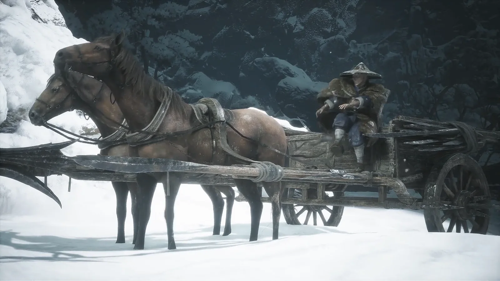 A horse-drawn carriage crosses snow in official Phantom Blade Zero footage