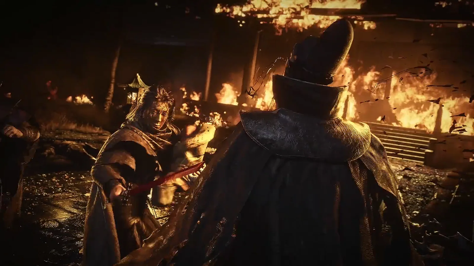Soul duels an enemy beside burning ruins in official Phantom Blade Zero gameplay