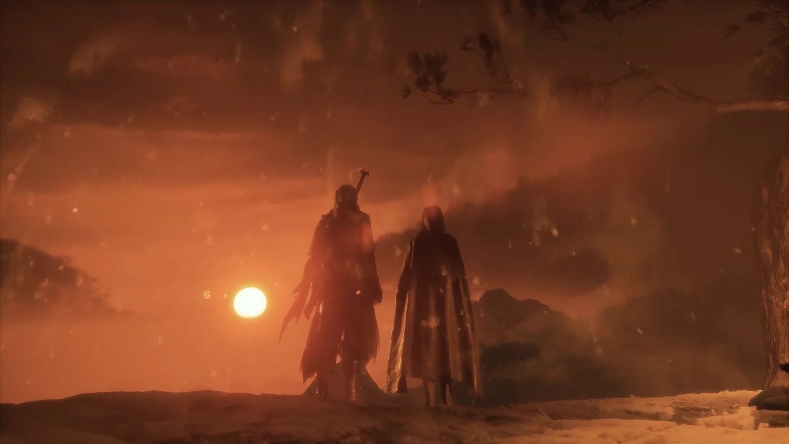Soul and a companion stand against an orange sunset in official Phantom Blade Zero footage
