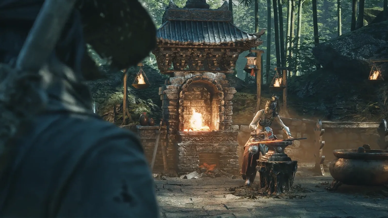 Soul watches a blacksmith work beside a glowing forge in official Phantom Blade Zero footage